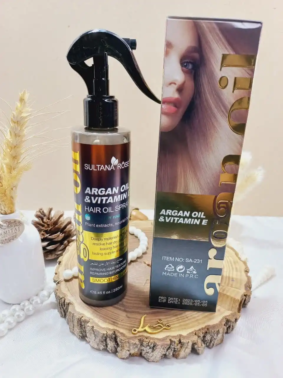اسپری دو فاز مدل روغن آرگان و ویتامین ای  VITAMIN E / Argan oil حجم 250 میل برند سلطان رز SULTANA ROSE اصلی کد SA231